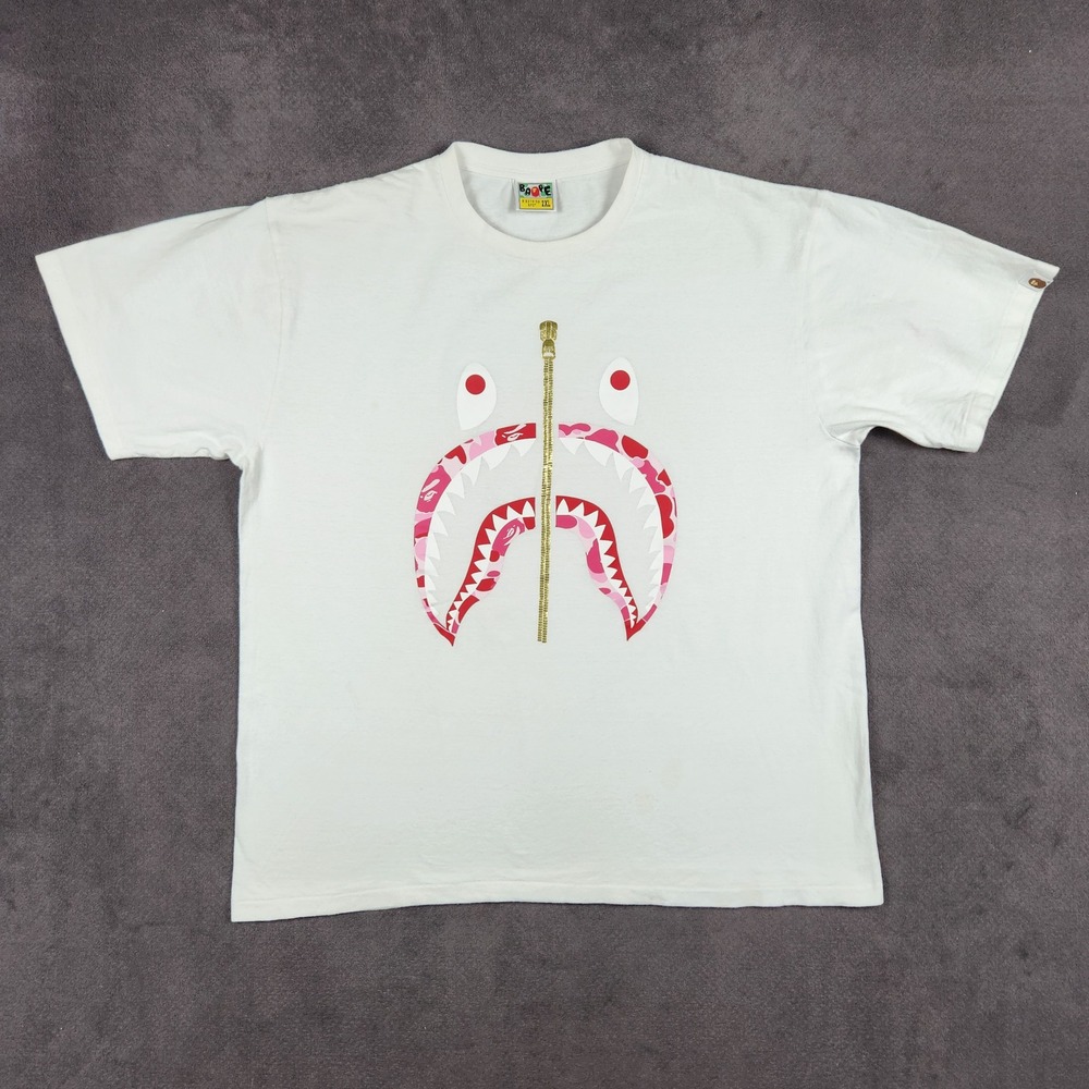 A Bathing Ape Shirt Mens 2XL White Pink Camo Zip Shark Graphic Short Sleeve Tee